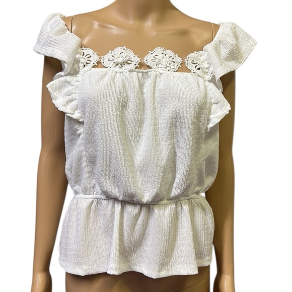 Ava Rose Tops - Ava Rose White Ruffled Off Shoulder Lace Embellished Blouson Top Womens Large